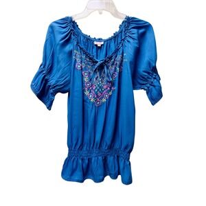 Luv 2 Luv L Blue Smocked Waist Peasant Top Boho Embroidered Fairy Blousy Gypsy